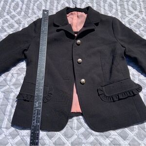 Sz 36 Small Silk Black Pink Cream Ruffle with Gold Pearl Button Blazer